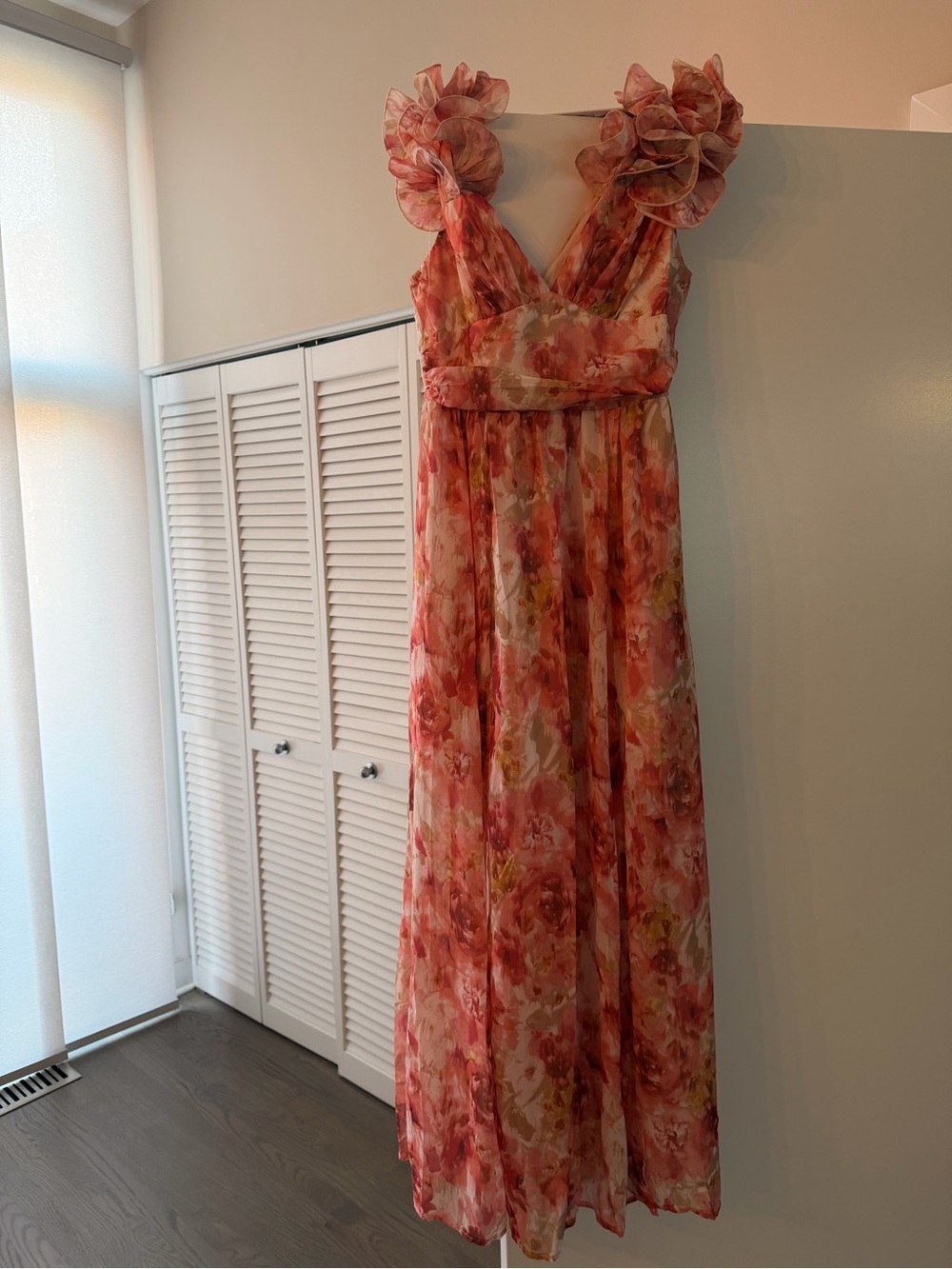 Floral Ruffled Strap Maxi Dress - Coral Pink